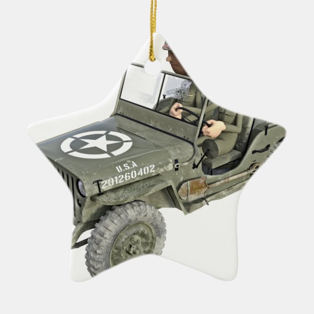 Jeep with 2 cartoon soldiers ceramic tree decoration (Front)