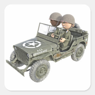 Jeep with 2 cartoon soldiers square sticker