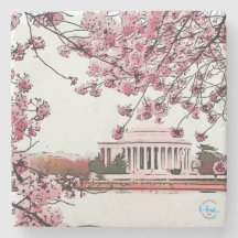 Jefferson Memorial + Blossoms Stone Coaster