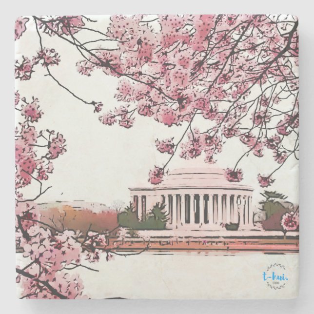 Jefferson Memorial + Blossoms Stone Coaster (Front)