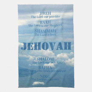 Jehova Jireh Shalom Rapha Blu Sky White Clouds Tea Towel