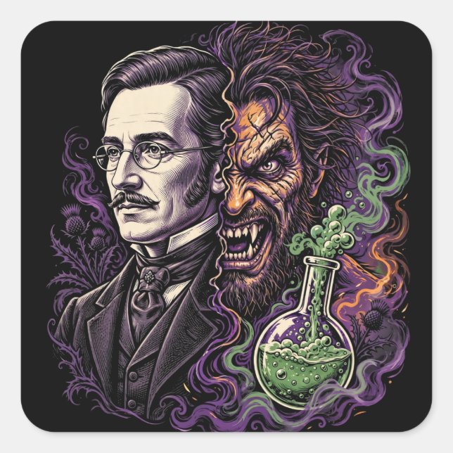 Jekyll and Hyde Split Face Horror Design Square Sticker (Front)