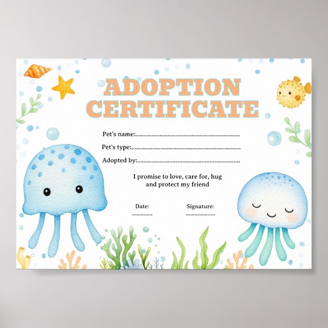 Jellyfish adopt a pet certificate poster (Front)