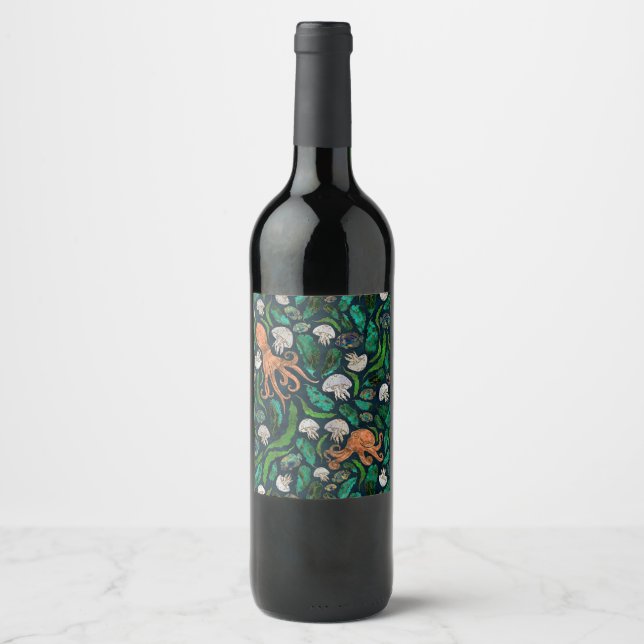 Jellyfish and Octopus Pattern Wine Label (Front)