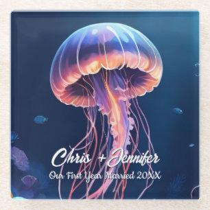 Jellyfish Art, Couple's names, Year Married Glass Coaster