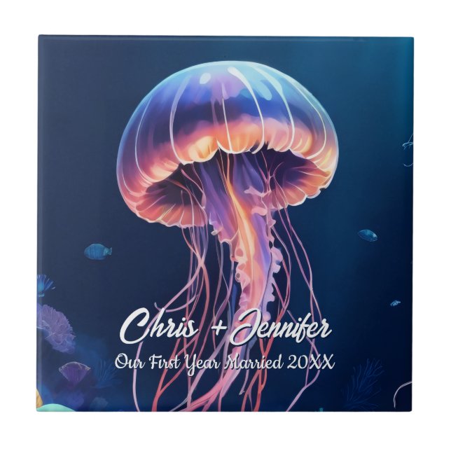 Jellyfish Art, Couple's names, Year Married Tile (Front)