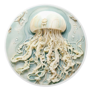 Jellyfish Art Nouveau Faux Relief Mint Cream White Ceramic Knob