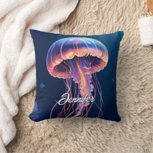 Jellyfish Art, White Script Name Cushion