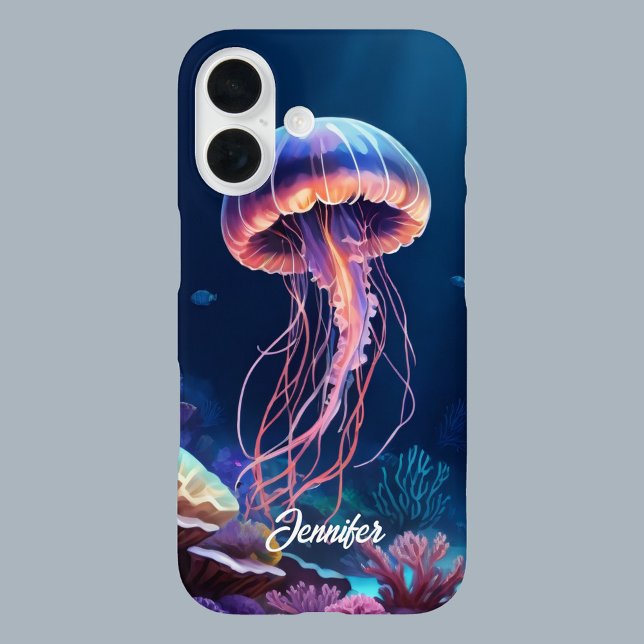 Jellyfish Art, White Script Name iPhone 16 Case (Creator Uploaded)