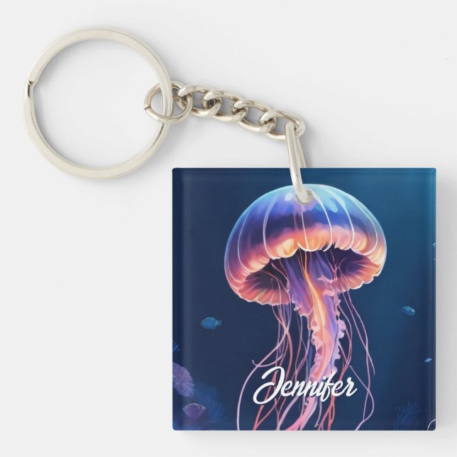 Jellyfish Art, White Script Name Key Ring (Front)