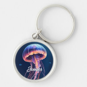 Jellyfish Art, White Script Name Key Ring