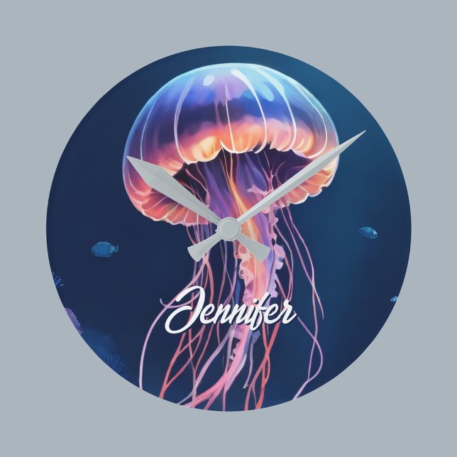 Jellyfish Art, White Script Name Round Clock (Creator Uploaded)