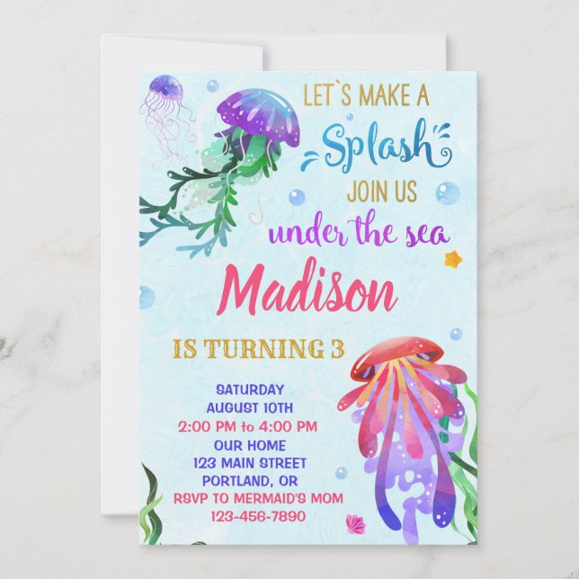 Jellyfish birthday invitation Under the sea invite (Front)