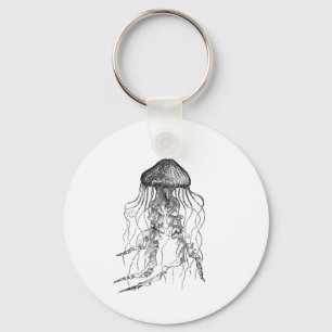 Jellyfish Black and White Pencil Drawing Sketch Key Ring
