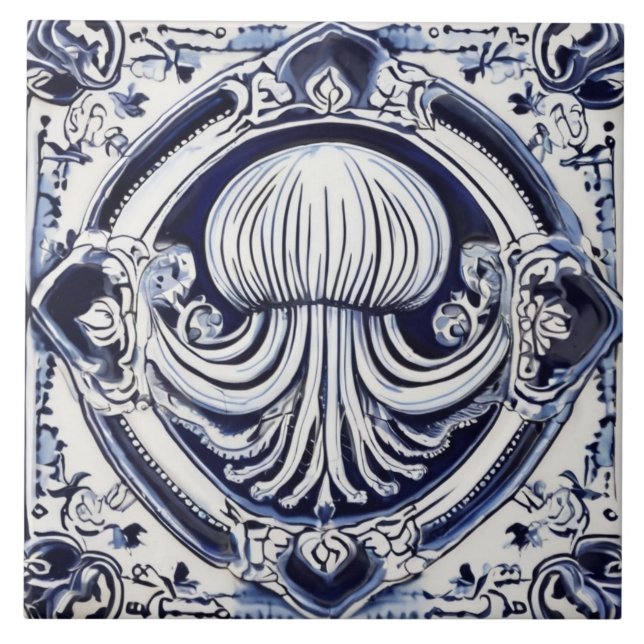 Jellyfish Blue and White Sea Life Beach House Tile (Front)