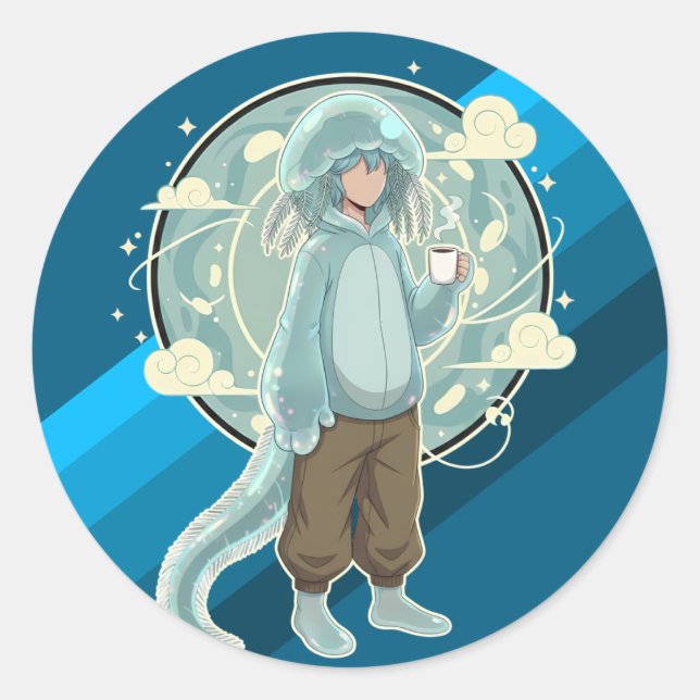 Jellyfish Boy Anime Coffee Art Classic Round Sticker (Front)