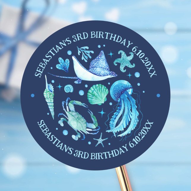 Jellyfish, Crab, Stingray Ocean Animals Watercolor Classic Round Sticker (Jellyfish, Crab, Stingray Ocean Animals Watercolor Classic Round Sticker)