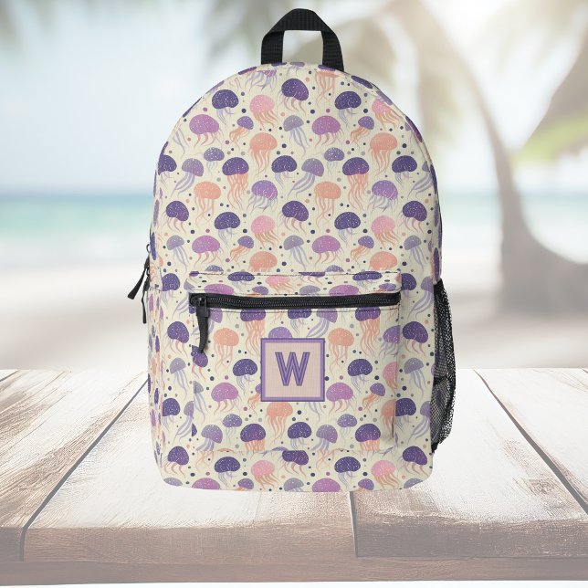 Jellyfish Cute Pastel Purple and Orange Monogram Printed Backpack (Creator Uploaded)
