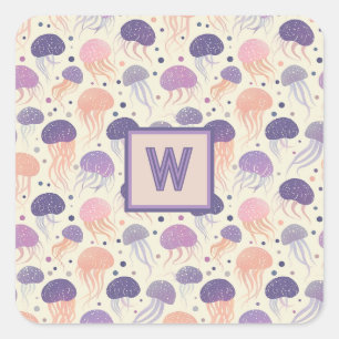 Jellyfish Cute Pastel Purple and Orange Monogram; Square Sticker