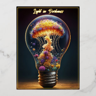 Jellyfish glass bulb glowing surreal fantasy art foil holiday postcard