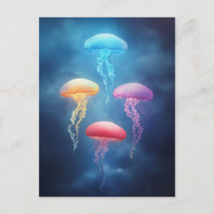 Jellyfish Glowing in Deep Blue Starry Galaxy Ocean Postcard