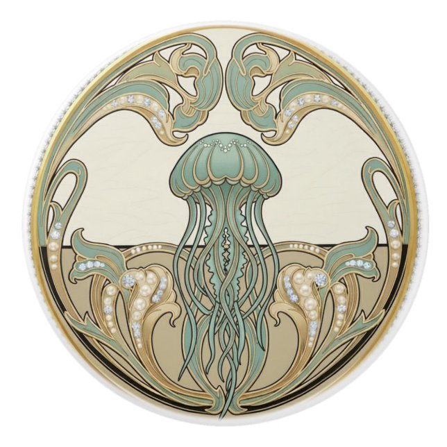 Jellyfish Green Cream & Gold Art Deco Nouveau Ceramic Knob (Front)