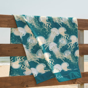 Jellyfish In Blue Ocean Summer Season Monogram Beach Towel