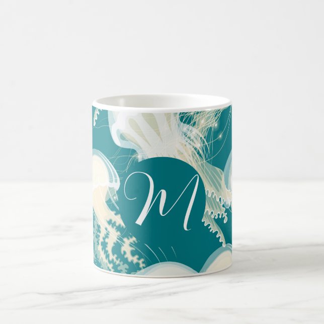 Jellyfish In Blue Ocean Summer Season Monogram Coffee Mug (Center)
