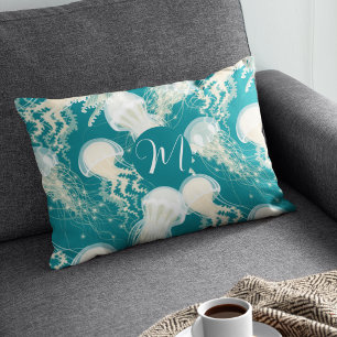 Jellyfish In Blue Ocean Summer Season Monogram Decorative Cushion