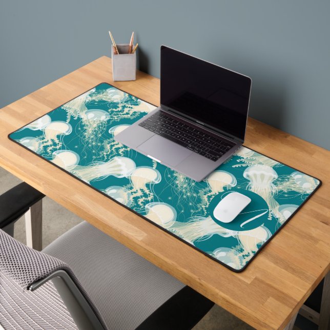 Jellyfish In Blue Ocean Summer Season Monogram Desk Mat (Office 2)