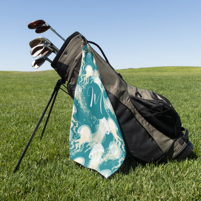 Jellyfish In Blue Ocean Summer Season Monogram Golf Towel (Green)