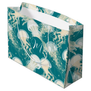 Jellyfish In Blue Ocean Summer Season Monogram Large Gift Bag