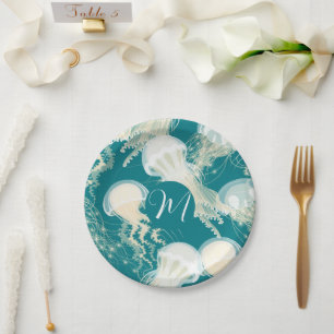 Jellyfish In Blue Ocean Summer Season Monogram Paper Plate