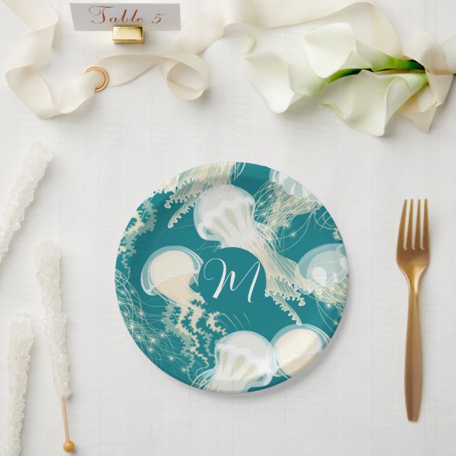 Jellyfish In Blue Ocean Summer Season Monogram Paper Plate (Wedding)