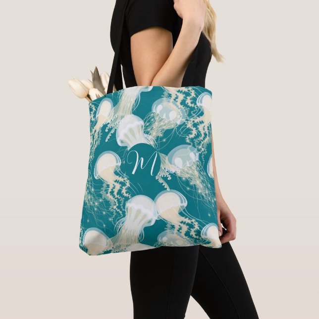 Jellyfish In Blue Ocean Summer Season Monogram Tote Bag (Close Up)