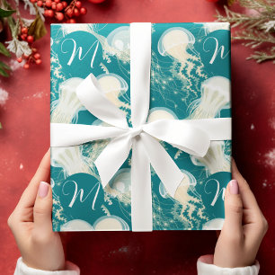 Jellyfish In Blue Ocean Summer Season Monogram Wrapping Paper