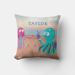 Jellyfish & Octopus Cartoon Throw Pillow