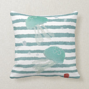 Jellyfish on Aqua Blue Stripe Pillow