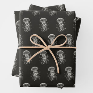 Jellyfish on Black Wrapping Paper Sheet