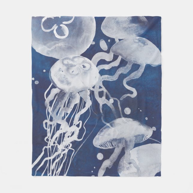 Jellyfish on Navy Background Fleece Blanket (Front)