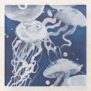 Jellyfish on Navy Background Glass Coaster