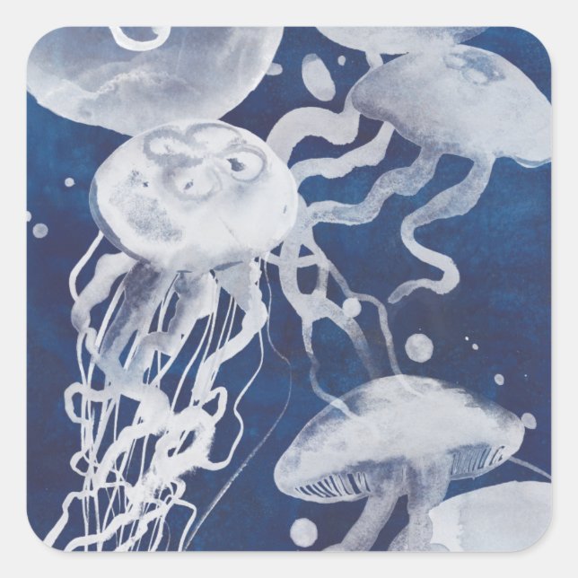 Jellyfish on Navy Background Square Sticker (Front)