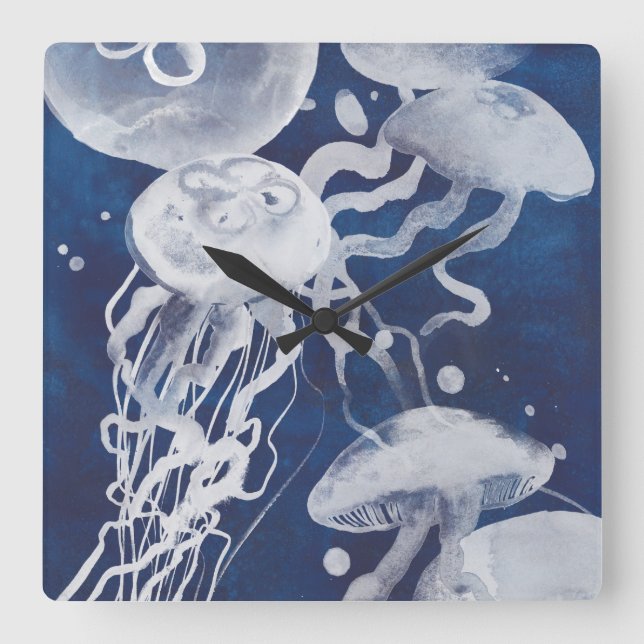 Jellyfish on Navy Background Square Wall Clock (Front)
