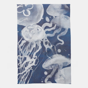 Jellyfish on Navy Background Tea Towel