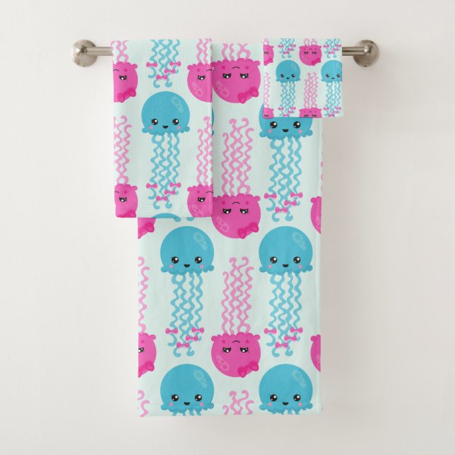 Jellyfish Pattern, Cute Jellyfish, Sea Animals Bath Towel Set (Insitu)