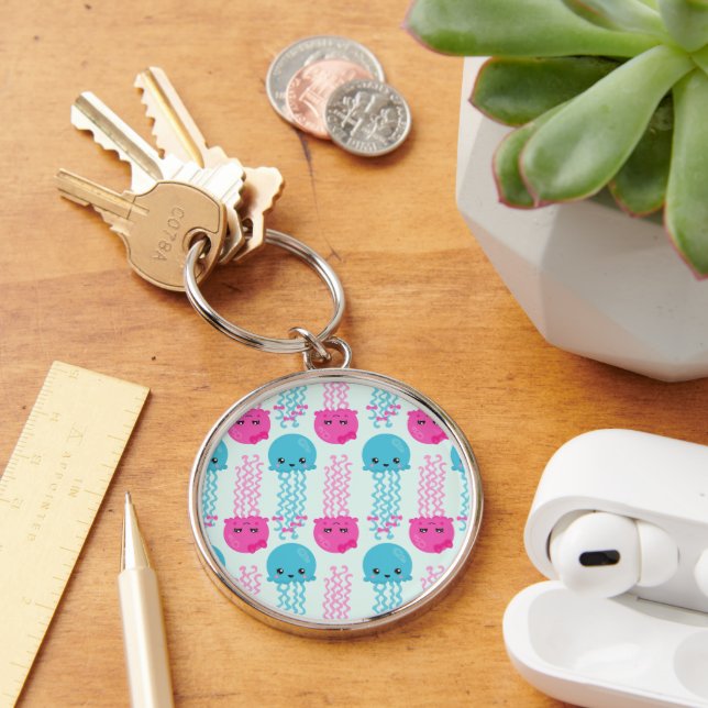 Jellyfish Pattern, Cute Jellyfish, Sea Animals Key Ring (Desk)