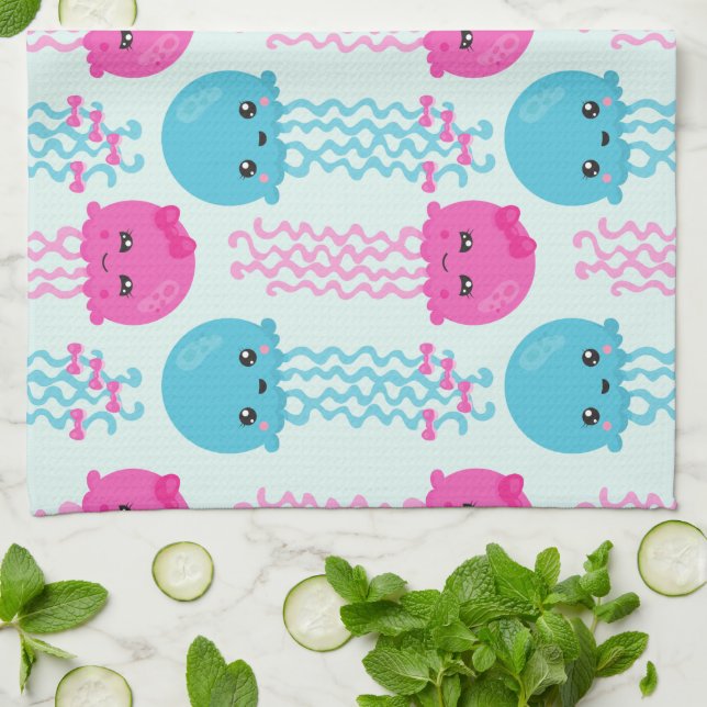Jellyfish Pattern, Cute Jellyfish, Sea Animals Tea Towel (Folded)