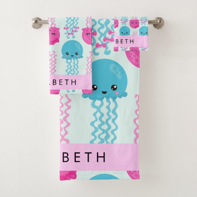Jellyfish Pattern, Cute Jellyfish, Sea, Your Name Bath Towel Set (Insitu)