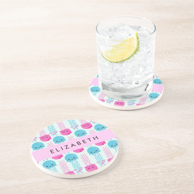 Jellyfish Pattern, Cute Jellyfish, Sea, Your Name Coaster (Side)