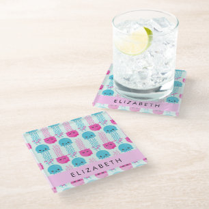 Jellyfish Pattern, Cute Jellyfish, Sea, Your Name Glass Coaster